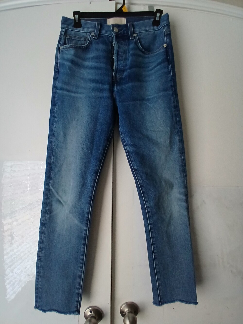 CQY High Rise Straight Leg Jeans Size 27 Blue Wash Raw Hem